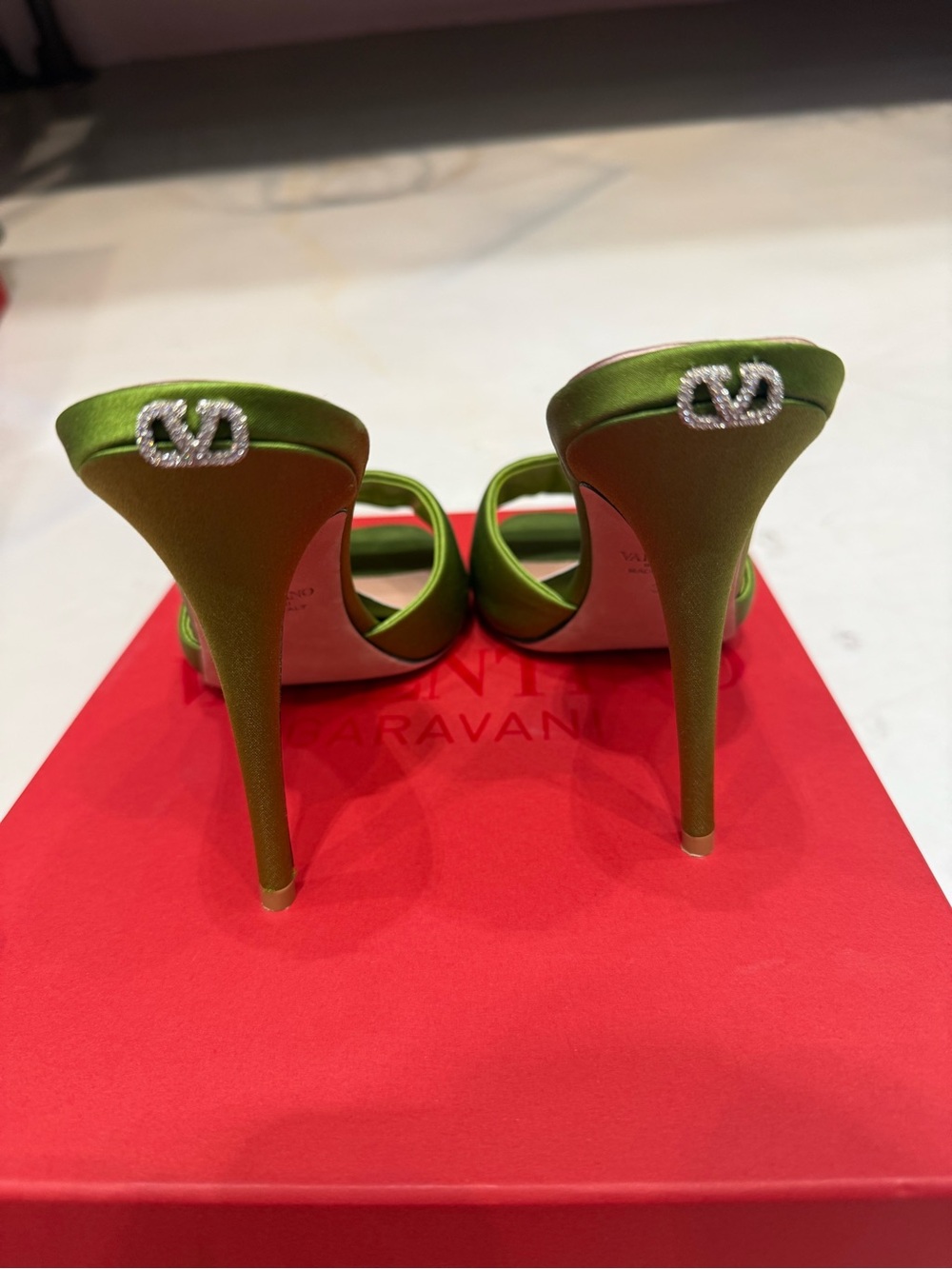 Valentino Garavani Green Satin Stiletto Slingback Heels with Crystal V Emblem